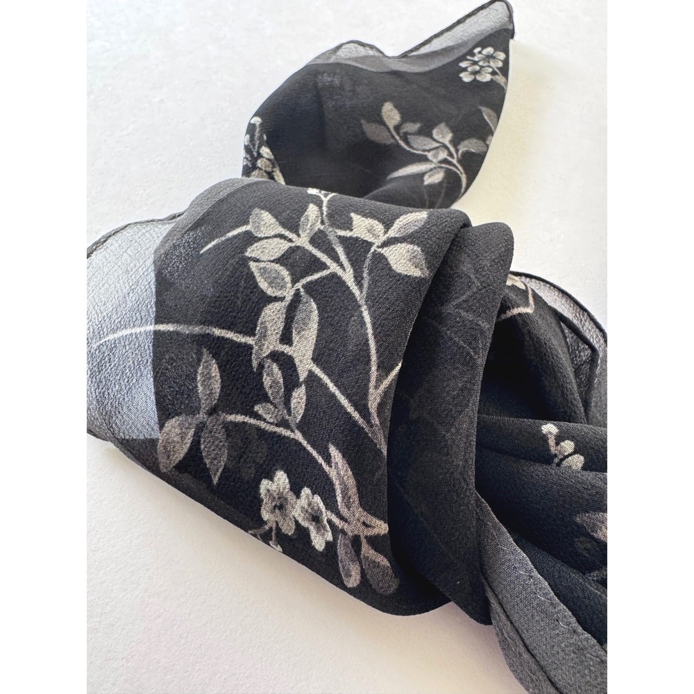 Casual Corner Silk Scarf Women Black Grey Floral Botanical Chiffon Square 90s